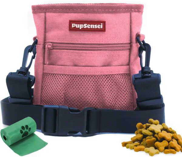 Dog Treat Pouch, Durable Oxford Polyester, No-Spill Magnetic Closure, Treat Pouches for Pet Training with Metal Clip, Waist Belt, Adjustable Strap, Poop Bag Dispenser (Light Pink)