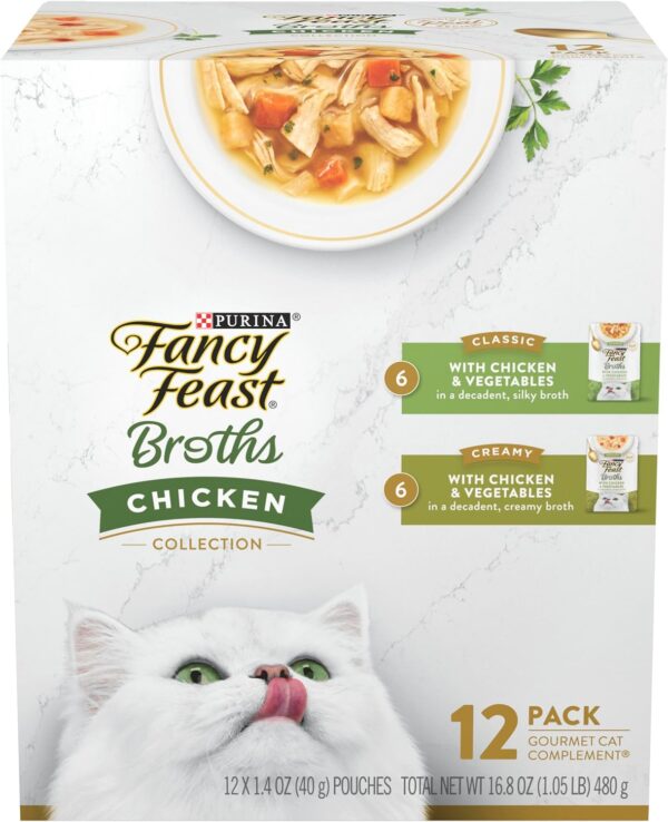 Purina Fancy Feast Chicken Broth Complement Lickable Grain Free Wet Cat Food Variety Pack - (Pack of 12) 1.4 oz. Pouches