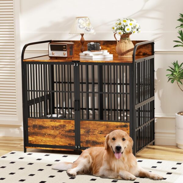 Large Dog Crate Furniture, XXL Dog Crate Indoor with Adjustable Height & 360° Rotating Feeder, 48 Inch Dog Crates for Large Medium Dogs, 48" L X 30" W X 45" H - Image 6