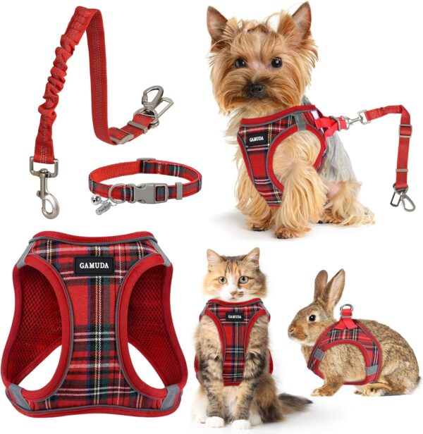 GAMUDA Dog Harness, Collar and Seat Belt Set, Vehicle Safety Harness, Retractable Adjustable Pet Seatbelts with Travel Strap and Carabiner for Most Cars (Red, XS)