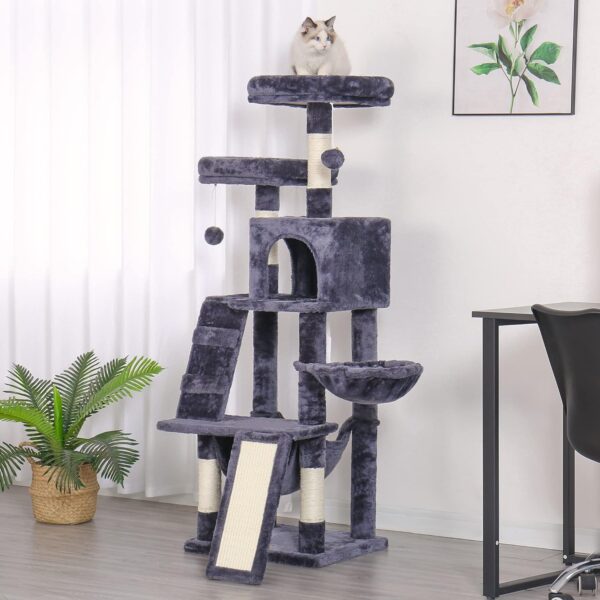 Heybly Cat Tree, Cat Tower for Indoor Cats,Multi-Level Cat Furniture Condo for Cats with Padded Plush Perch, Cozy Basket and Scratching Board Smoky Gray HCT014G - Image 5