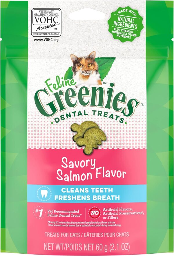 Greenies Feline Adult Natural Dental Care Cat Treats, Savory Salmon Flavor, 2.1 oz. Pouch