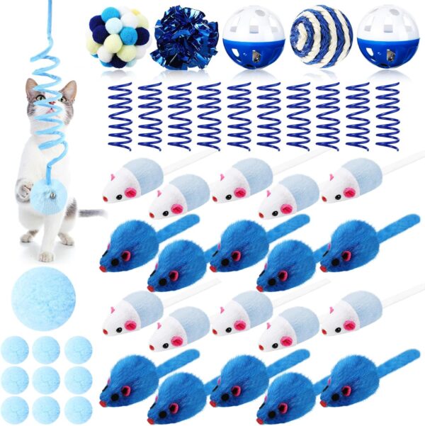 46 Pcs Cat Toys Set Interactive Cat Toys Include Fur Mice Rattle Cat Springs Crinkle Balls Pompom Bell Sisal Ball Puzzle Chase Toys Assorted for Gift Indoor Kitten(Blue)