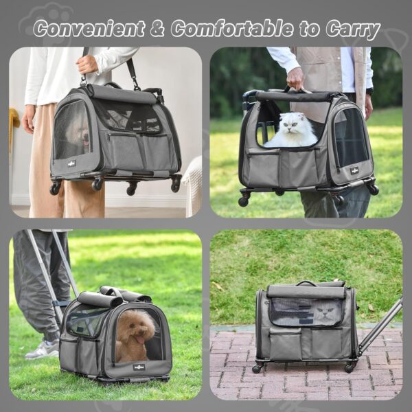 Large Cat Carrier with Wheels, Foldable Rolling Pet Dog Carrier with Wheels and Big Pocket, Cat Carrier Travel Bag for 2 Cats Dogs Under 30 lbs for Outdoor Vet Visits, Gray - Image 7