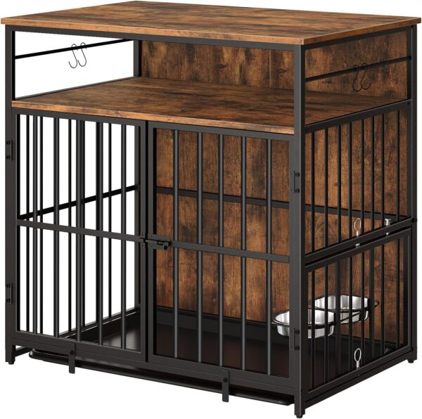 Dog Crate Furniture with Storage, 31.5" Heavy Duty Dog Kennel with Bowls & Removable Tray, Wooden Dog Cage End Table for Small/Medium Dogs, Chew-Resistant, Rustic Brown DCHR10801