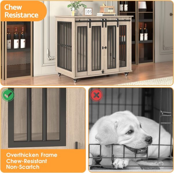 Dog Crate Furniture with Sliding Barn Door, 38.5 Inch Heavy Duty Dog Kennel Chew-Resistant, Indoor Wooden End Table Pet House for Small/Medium/Large Dogs (Grey) - Image 2