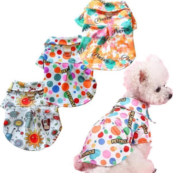 Dog Shirts for Small Dogs, 3PACK Girl Boy Dog Clothes with Leash Ring & Buttons, Small Dog Tshirts with Sleeves Colorful Cartoon Pattern,Cute Kitten Clothes (S - Chest 13.8")