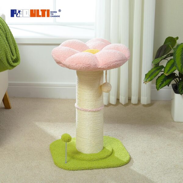 PEQULTI Flower Cat Scratching Post, Small Cat Tree, Tall Cat Scratcher for Indoor Cats with Super Thick Scratching Post [Dia=5.5''], Removable Flower Cat Bed, Cat Scratch Post with Spring Ball, Pink - Image 8