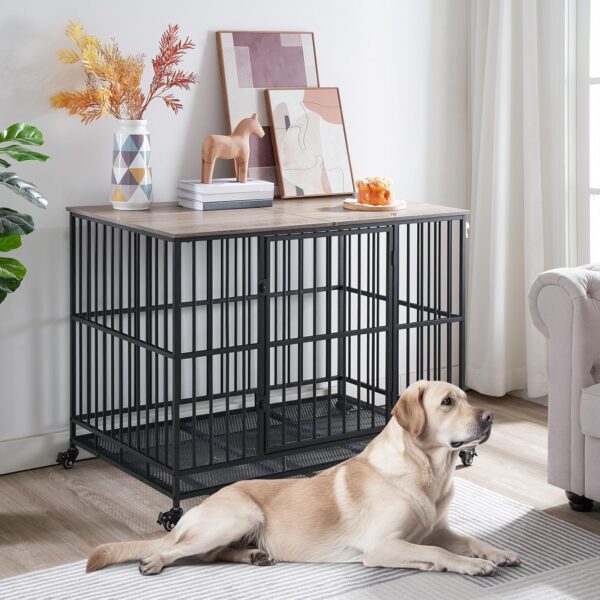 HOOBRO Heavy Duty Dog Crate, 43.3" Large Dog Kennel Furniture Indoor with Flip-Top, Indestructible Dog Crate End Side Table with Wheels, for Small/Medium/Large Dog, Greige and Black BG110GW03G1 - Image 2