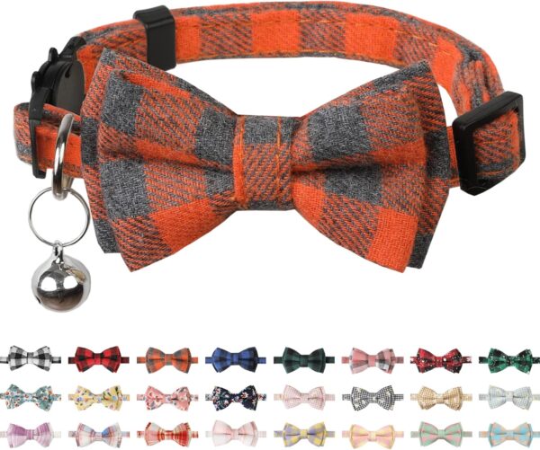 BANMODER Cat Collar Breakaway with Bells,Cute Cat Bow Tie,1 Pack safety Kitten Plaid & Flower Collar for Girl Boy Male Cats (Orange)