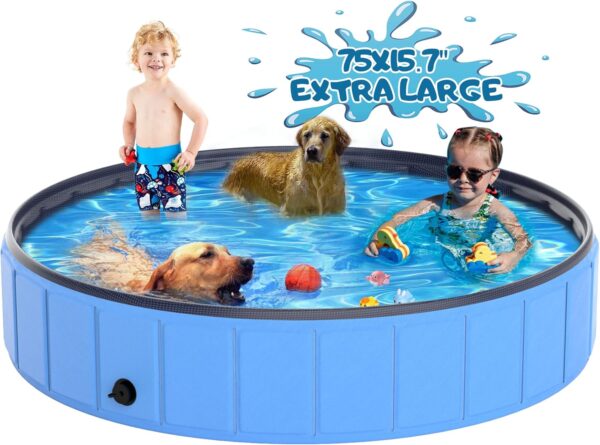 Extra Large Dog Pool Foldable Plastic Pool for Large Dogs,1mm Durable and Collapsible Pet Bathing Tub Portable Outside Swimming Pool for Kiddie and Dogs (75x15.7in)