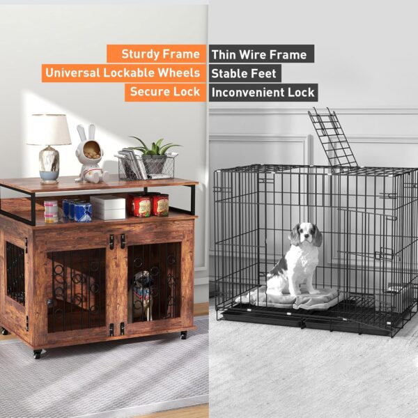 Bonzy Home Dog Crate Furniture for Medium Dogs, Wooden Indoor Dog Kennel, Decorative Dog Crate End Table with Lockable Wheels, Double Doors, 2 Stainless Steel Bowls and Storage Shelves - Image 3