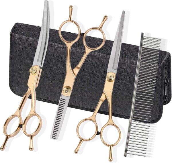 Grooming Kit for Dogs at Home, Fcysy Hair Scissors Thinning Shears Set for Dog Cat Pet Grooming, Curved Grooming Scissors Cat Trimming Scissors Tijeras para Cortar Pelo De Perros, Pet Grooming Tools