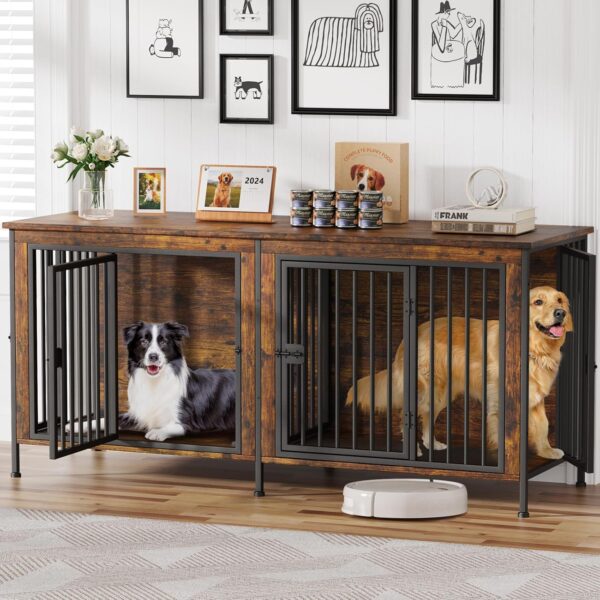 EasyCom 78 Inch Dog Cage Furniture for 2 Dogs, Extra Large Double Dog Crate Furniture Large Breed, XXL Thick Wooden Dog Crate Furniture TV Stand, Sturdy Dog Kennel Furniture Dog Crate with Divider