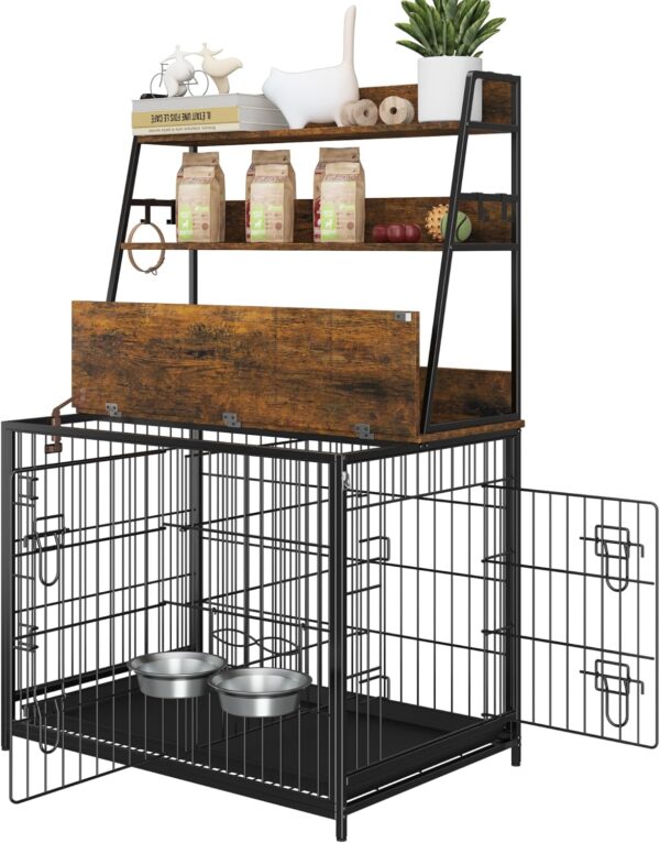 Furniture Style Dog Crate, Indoor Basic Dog Cage with 3-Layer Storage Shelves, Flip-up Top End Table Dog Cage, Dog Kennel Furniture with Adjustable Bowls, 37.4" L x 24.4" W x 57.1" H,Brown