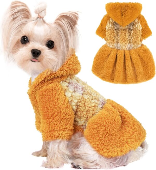 Fleece Dog Dresses for Small Dogs Girl, Dog Sweater Dress Hoodie, Winter Girls Dog Clothes, Pet Clothes Chihuahua Clothes, Dog Outfits Dog Apparel (Small, Yellow)