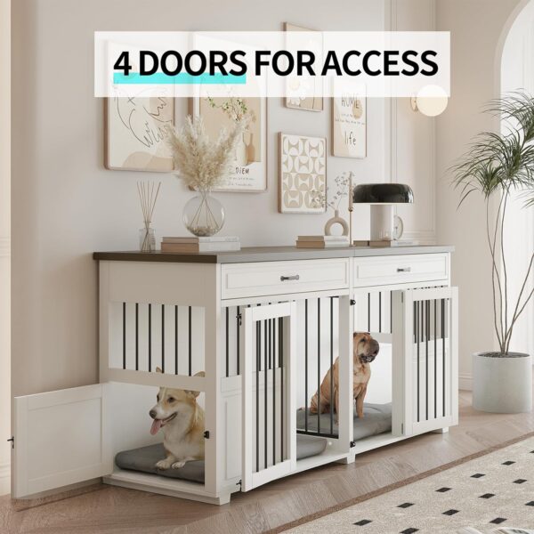 Dog Crate Furniture - Indoor Wood Dog Kennel Furniture 4 Doors with Divider and 2 Drawers - 72" L x 23.6" W x 34.8" H, White - Image 2