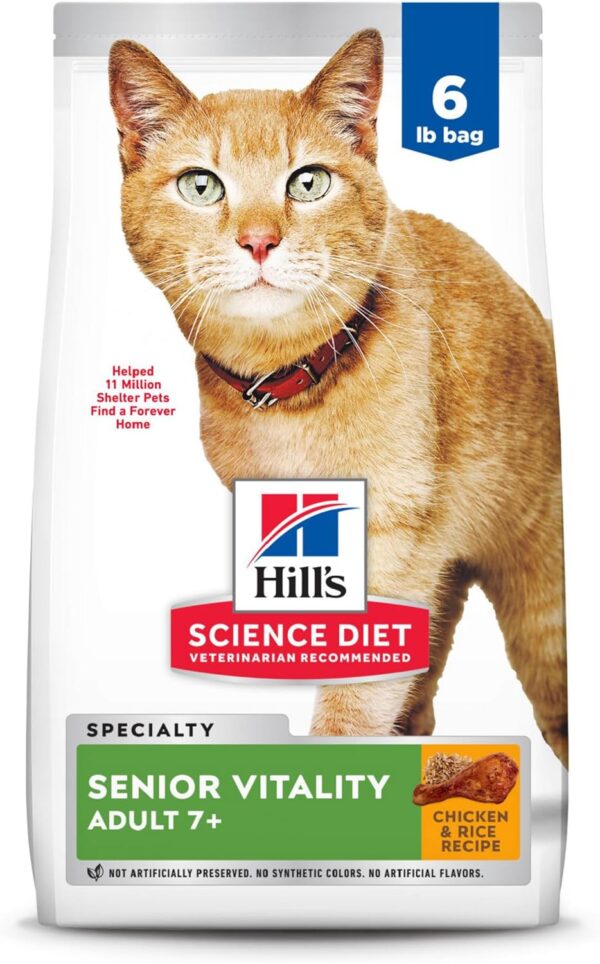 Hill's Science Diet Senior Vitality, Senior Adult 7+, Senior Premium Nutrition, Dry Cat Food, Chicken & Rice, 6 lb Bag