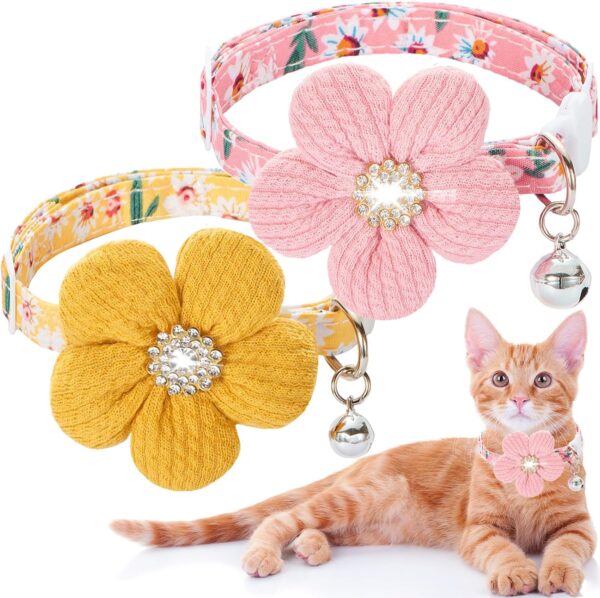 Cat Collar, HYQHYX Breakaway Kitten Collar with Flower,Rhinestone Kitty Collar with Bell, Floral Pet Collar with Safety Buckle for Cats and Puppy Dog