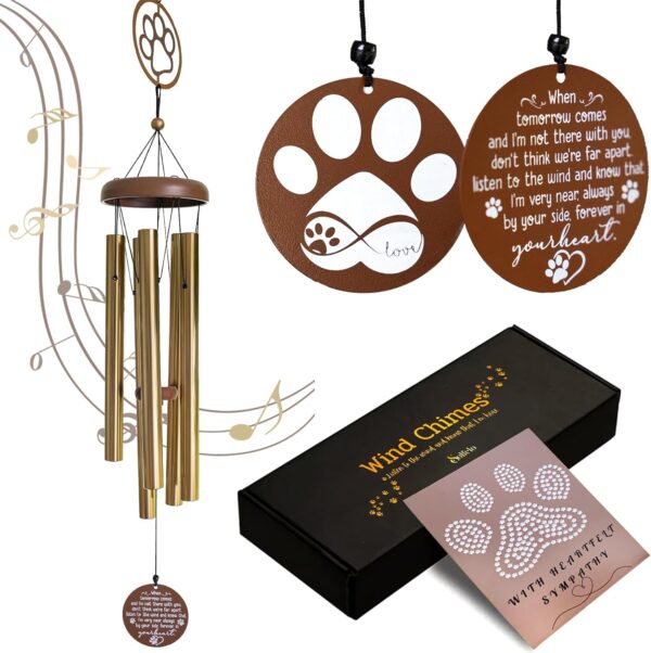 Pet Memorial Wind Chime 30" with Sympathy Card, Paw Prints Chime, Pet Memorial Gifts, Pet Loss Gifts, Cat and Dog Memorial Gifts, Remembrance and Bereavement Gifts for Loss of Pet