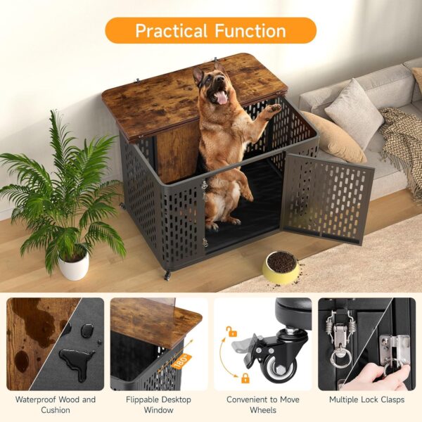 Dog Crate Furniture for Large and Medium Dogs, 43.7 Inch Dog Crate with Cushion & Wheels, Decorative End Table Pet House for Large/Medium/Small Dog, Rustic Brown - Image 4