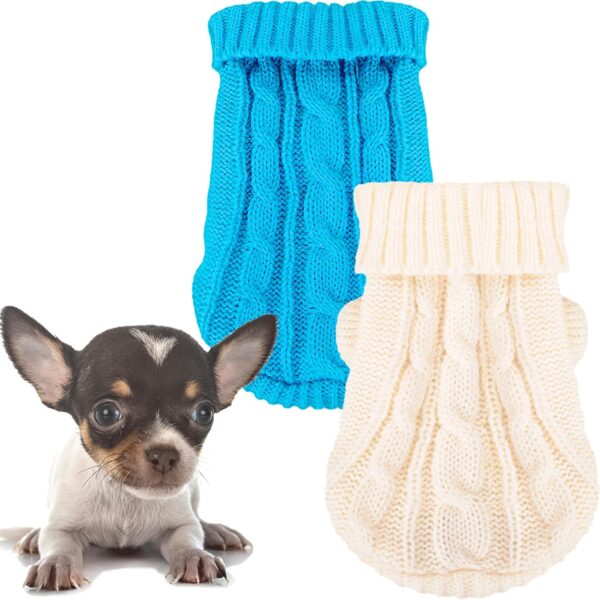 XXS Dog Sweater Chihuahua Clothes Dog Sweaters for Small Dogs Girl Boy Teacup Dog Yorkie Turtleneck Knitted Sweater Pet Clothes Fall Dog Clothes Blue White