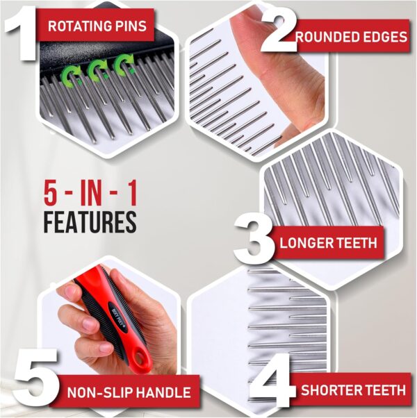 Poodle Comb for Dogs with Rotating Teeth - Smoothest Pet Comb with 5-in-1 Features for Dematting - Dog Essentials for Small Dogs and Large Dogs - Image 3