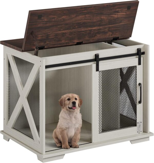 GAOMON 37'' Sliding Barn Door Dog Crate Furniture with Flip Top and Movable Divider, Wooden Dog Crate Table, Dog Kennel Side End Table, Furniture Style Large Dog House, White - Image 7