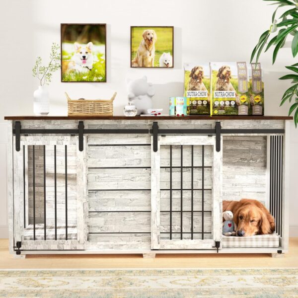 EBE Dog Crate Furniture, 63''Wooden Dog Kennel with Removable Divider and Sliding Door, Dog Crate with Double Rooms, Heavy Duty Dog Crate Table Indoor TV Stand for Small Medium Large Dogs - Image 7