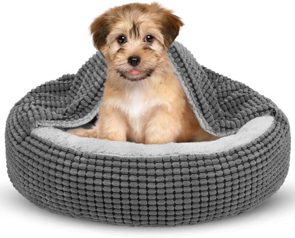 SIWA MARY Small Dog Bed with Attached Blanket, Cozy Donut Cuddler Anti-Anxiety Hooded Pet Beds Calming Cave Bed. Orthopedic Round Puppy Beds for Dogs or Cats Washable, Anti-Slip Bottom, 23inch