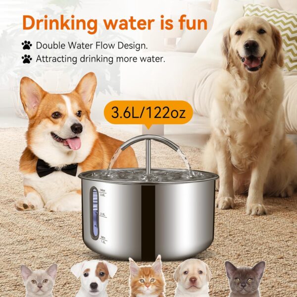 Cat Water Fountain, Large Capacity Stainless Steel Pet Water Fountain for Cats Inside,3.6L/121oz Automatic Dog Dispenser Water Bowl, Multiple Pets Water Fountain - Image 6