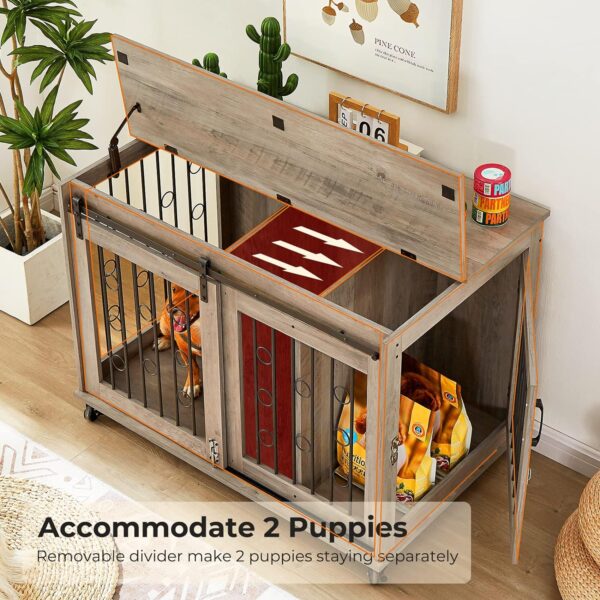 Dog Crate Furniture with Divider for 2 Small to Medium Dogs, Wooden Cage End Table, Heavy Duty Indoor Puppy Kennel with Removable Divider and Sliding Door, Grey, 39.37''W*25.2''D*28.94''H - Image 2