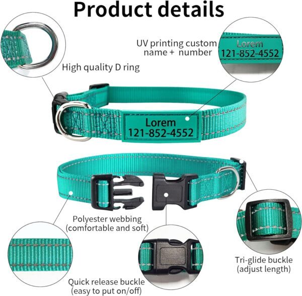 Personalized Dog Collar, Custom ID Collar Reflective Nylon Collar with Pet Name and Phone Number 4 Adjustable Sizes X-Small Small Medium Large Quick Release Buckle and D-Ring (Solid) - Image 3