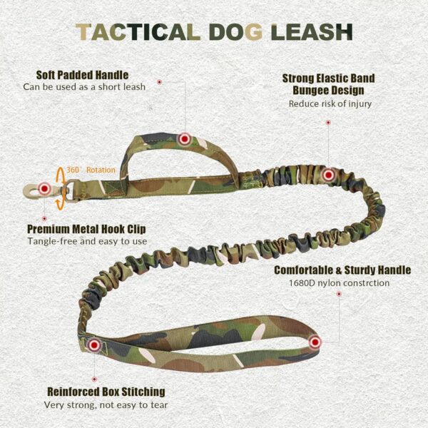 Tactical Dog Collar and Bungee Leash, Camo Military Dog Collar & Leash Set with USA American Flag Adjustable K9 Collar with Heavy Duty Metal Buckle & Handle,with Patches and Airtags Case (M, Camo) - Image 3