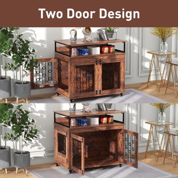 Bonzy Home Dog Crate Furniture for Medium Dogs, Wooden Indoor Dog Kennel, Decorative Dog Crate End Table with Lockable Wheels, Double Doors, 2 Stainless Steel Bowls and Storage Shelves - Image 5