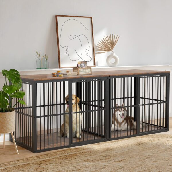 86.62''Dog Crate Furniture Large Breed TV Stand for 2 Dogs with Double Rooms,Wooden Dog Kennel Dog Crate End Table with Removable Divider for Large Medium Dogs, Can Use Separately, Brown