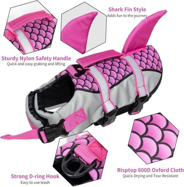 AIITLE Dog Life Vests, Adjustable Shark Dog Life Jacket with Rescue Handle, Mermaid Dog Flotation Vest for Medium Dogs Beach Boating Pool Swimming Pink M - Image 4