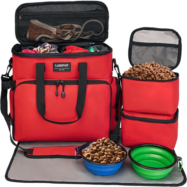 Dog Travel Bag,Weekend Pet Travel bag Set for Dog and Cat,Airline Approved Tote Multi-Function Dog Bags for Traveling,2 Food Storage Containers, 2 Collapsible Bowls, 1 Feeding Mat,Red