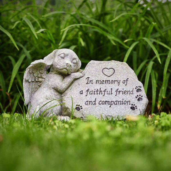 Dog Memorial Stone Statue, Sleeping Dog Angel Figurine Forever in Our Hearts, Dog Grave Markers Outdoor for Deceased Pet, Loss of Dog Memorial Sympathy Gifts Antique Stone Finish 8.86 inch - Image 3