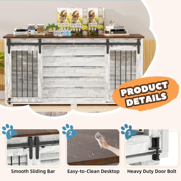 EBE Dog Crate Furniture, 63''Wooden Dog Kennel with Removable Divider and Sliding Door, Dog Crate with Double Rooms, Heavy Duty Dog Crate Table Indoor TV Stand for Small Medium Large Dogs - Image 3