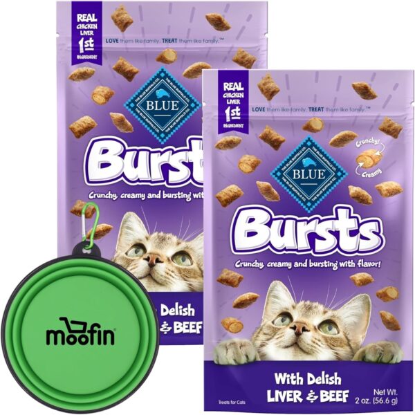 Bursts Cat Treats, Chicken Liver & Beef Flavors, Grain-Free, -Protein Snack For Felines, Bundled With Silicon Pet Bowl – Indulge Your Cat, Perfect For Training [Pack Of 2]