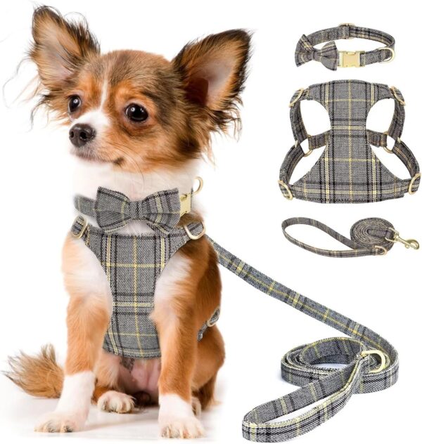 Beirui Lightweight Small Dog Harness Collar and Leash Set, Soft Cute Plaid Puppy Harness and Collar with Bowtie,Adjustable No Pull Pet Harness Small Sized Dog Cats Walking(Gray,XS)