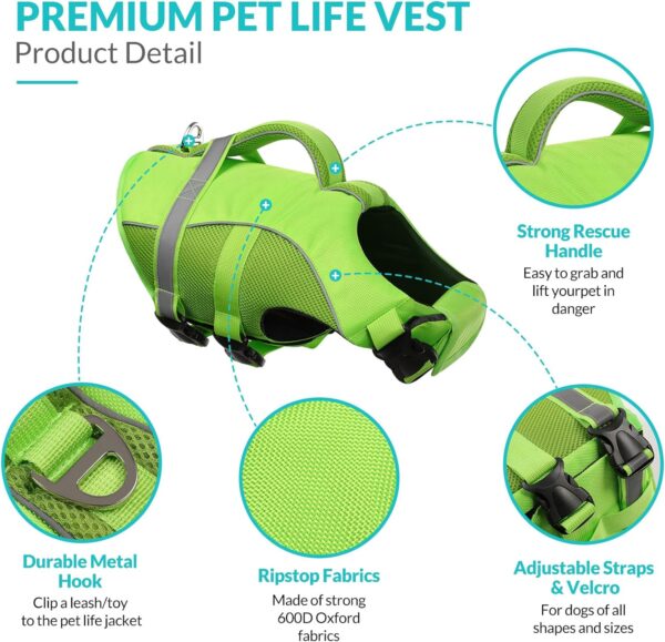 Queenmore Dog Life Jacket, Adjustable Ripstop Dog Life Vest for Swimming Boating, Dog Lifesaver with Superior Buoyancy and Rescue Handle, Dog Swimming Vest for Medium Dogs（Green,M） - Image 3