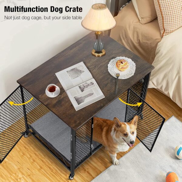 Aivituvin Dog Crate Furniture Movable Side End Table Indoor Dog Kennel for Small Medium Large Dogs Double-Doors Wooden Dog House with Cushion, Tray, Wire Floor(38.6") - Image 2