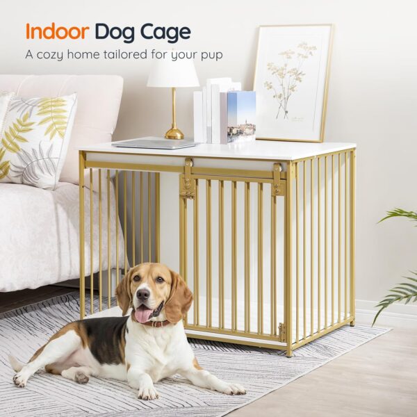 HOOBRO Dog Crate Furniture, 39.4" Heavy Duty Dog Kennel with Sliding Barn Door, Decorative Dog Crate Indoor, End Side Table for Small/Medium Dog, White and Gold DW162GW03 - Image 5