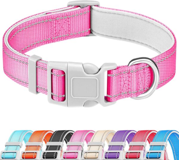 Reflective Dog Collar, Soft Neoprene Padded Breathable Nylon Pet Collar Adjustable for Medium Dogs, Pink, Medium