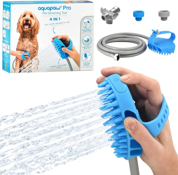 Aquapaw Dog Bath Brush Pro - Sprayer and Scrubber Tool in One - Indoor/Outdoor Dog Bathing Supplies - Pet Grooming for Dogs with Long and Short Hair - Dog Wash with Hose and Dog Shower Attachment