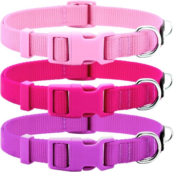 azuza 3 Pack Dog Collars Comfortable and Adjustable Nylon Dog Collars for Medium Dogs, M (14-20inch)，Pink, Hot Pink and Purple