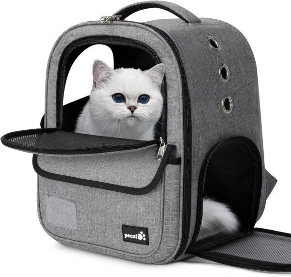 Pecute Cat Backpack with interactive window, Cat Backpack Carrier with Breathable Scratch-Resistant Mesh, 2 Side Openings, Backpack for Cats, Puppies or Rabbits,Great for Travel Hiking Camping