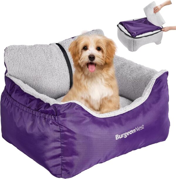 BurgeonNest Dog Car Seat for Small Dogs, Fully Detachable and Washable Dog Carseats Small Under 25, Soft Dog Booster Seats with Storage Pockets and Clip-On Leash Portable Dog Car Travel Carrier Bed